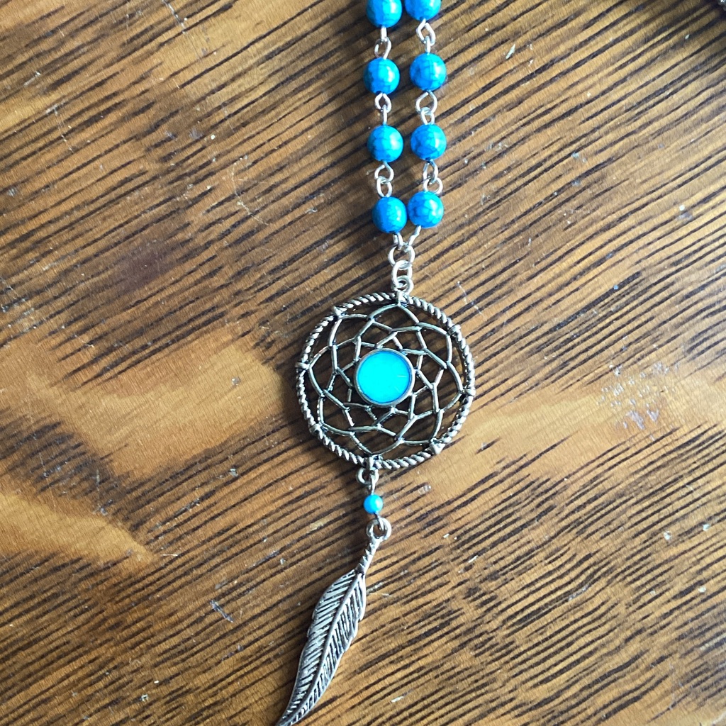Silver And Turquoise Color Beaded Dreamcatcher Necklace